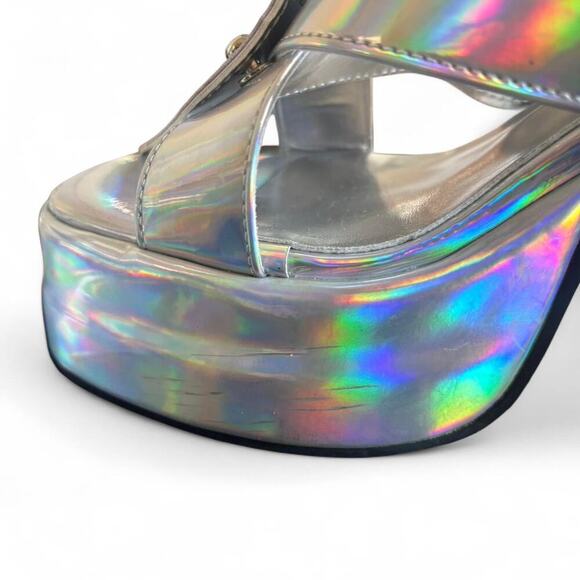 CHUNKY SILVER IRRIDESCENT BUTTERFLY SANDALS FESTIVAL HEELS SIZE 5. - Picture 7 of 8